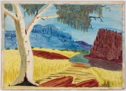 TOBIAS RAGGETT (Aranda Tribe, Central Australia, active 1970s), Landscape, 1976, watercolour on artist's board, signed lower right, titled, dated and other details on gallery label verso, ​​​​​​​27 x 37cm.