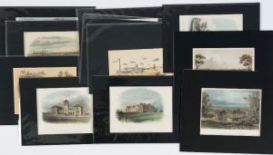 VICTORIA: A collection of 19th Century steel & copper engravings, mostly hand-coloured and block mounted. Scenes include "View on the Yarra near Dight's Mill" by Gill; "Melbourne from the Botanical Gardens" by Winkles; "South Bank of the Yarra, Near Melbo