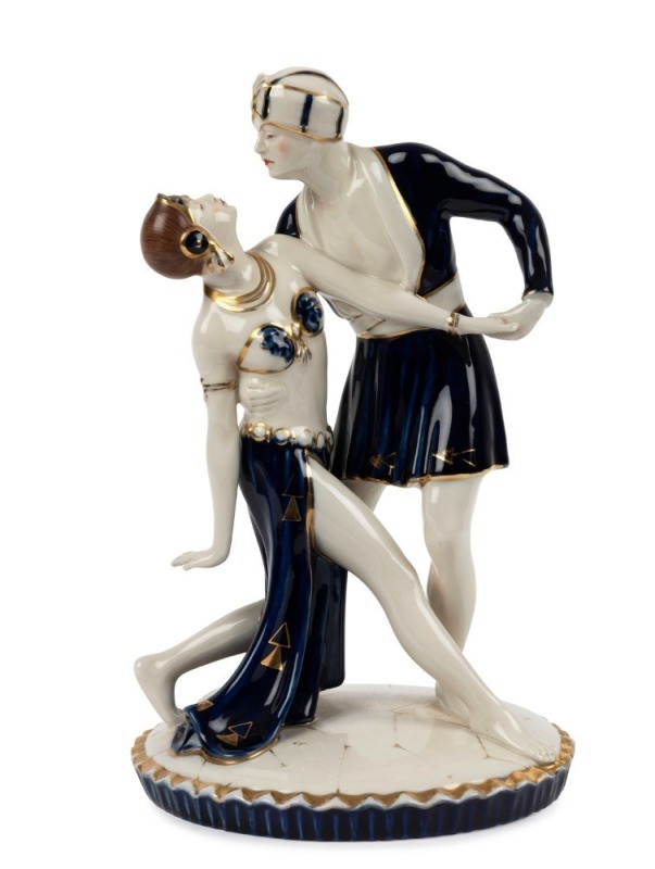 ROYAL DUX Czechoslovakian porcelain figural group of the dancing couple, pink triangle mark to base, 31cm high