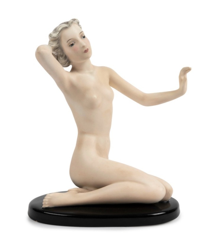 GOLDSCHEIDER Art Deco porcelain statue of kneeling female nude, black factory mark "Goldscheider, Wien, Made in Germany", 22cm high