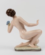 GOLDSCHEIDER porcelain statue of kneeling female nude with bluebells, black factory mark "Goldscheider, Wien, Made in Germany", 37cm high - 2