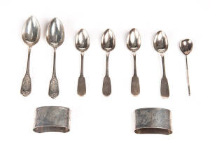 RUSSIAN SILVER: Group comprising a pair of napkin rings; set of 4 tea spoons; pair of dessert spoons & a spoon.