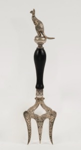 An antique silver plated bread fork with kangaroo finial, 19th century, 19cm high