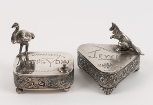 Two antique vanity boxes adorned with emu and kangaroo, titled "Jewels" and "Here's Your", 19th century, the emu 6cm high, 6cm wide