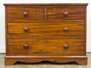 An Australian cedar four drawer chest with well-figured top, 19th century, 86cm high, 117cm wide, 49cm deep