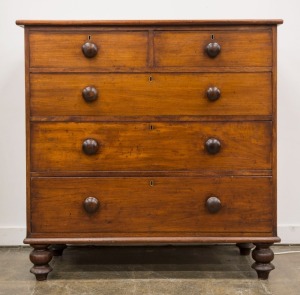 A Colonial Australian cedar five drawer chest with huon pine secondary timbers and blackwood knobs, Tasmanian origin, circa 1840, 106cm high, 106cm wide, 50cm deep