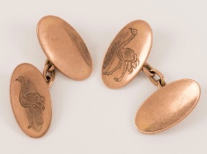 A pair of antique 9ct rose gold cufflinks engraved with emus, circa 1900, ​​​​​​​5.9 grams total