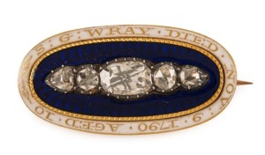 S.G. WRAY antique English mourning brooch. A stunning piece of 18th century jewellery crafted in rose gold, set with five impressive diamonds and finished in blue and white enamel, emblazoned "S.G. WRAY, NOV. 9, 1790, AGED 10".