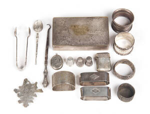 Group of sterling silver & silver plated items including 6 napkin rings (4 sterling); 3 thimbles; vesta; tea spoon; tongs (plated); Chinese silver (part) belt buckle; locket; boot hook & pot.