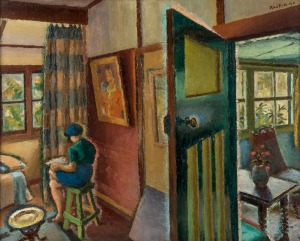 HAROLD FREDERICK (WEAVER) (RAOKIN) HAWKINS (1893 - 1977), The Two Rooms,  oil on board,  signed upper right "Raokin '46", inscribed in pencil and signed in the artists hand with title verso, with Macquarie Galleries label affixed and conservators report a