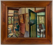 HAROLD FREDERICK (WEAVER) (RAOKIN) HAWKINS (1893 - 1977), The Two Rooms,&nbsp; oil on board,&nbsp; signed upper right "Raokin '46", inscribed in pencil and signed in the artists hand with title verso, with Macquarie Galleries label affixed and conservators report a - 2