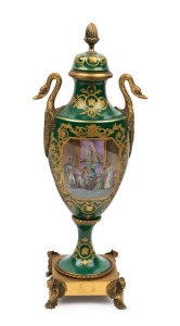 An antique French green porcelain mantle urn with ormolu mounts and hand-painted scene, signed "J. MISSANT", 19th century  41.5cm high 