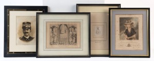ROYALTY: A group of four framed images comprising a picture on silk of King Victor Emmanuel, an engraving titled "Marriage of Henry 7th", an ink drawing titled "Edward Prince of Wales, Son to Richard III, and a hand-coloured copper engraving of "Princess Mary"; mixed condition, (4 items).