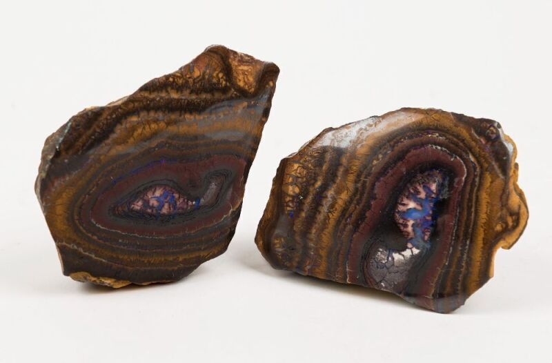 Two fine Queensland boulder opal polished specimens in matrix, the larger approximately 7cm wide