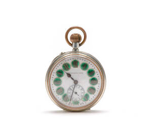 Antique Swiss pocket watch with green enamel decorated dial, housed in a sterling silver pocket watch holder. Watch diameter 6.5cm. Holder 11 x 12cm
