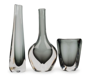 ORREFORS group of three vintage Swedish glass vases by NILS LANDBERG, circa 1950s, all engraved "Orrefors" with serial numbers, 31cm, 29cm and 15cm high