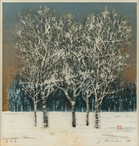 JOICHI HOSHI (1911-1979), Tree in winter landscape, woodblock, signed lower right "J. Hoshi, '76", 27 x 26cm, 40 x 38cm overall