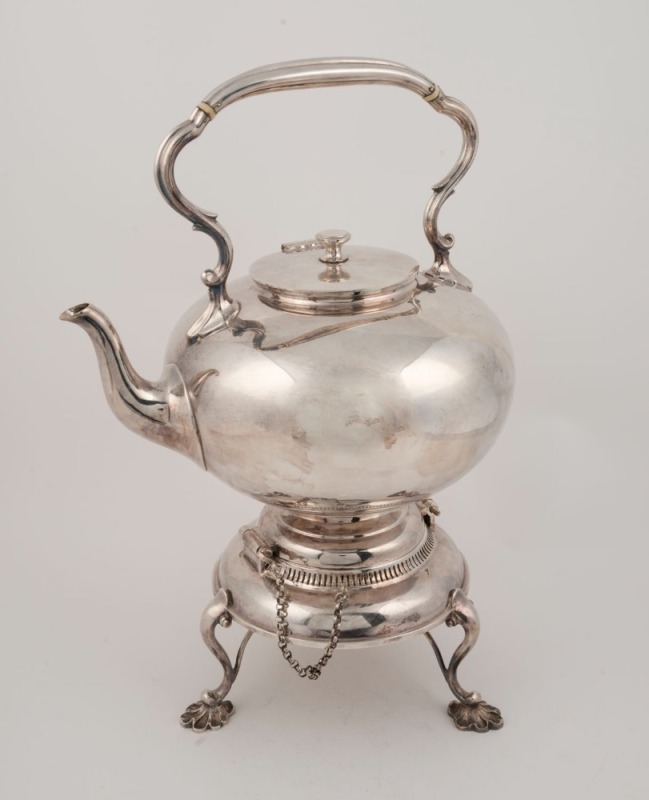 An antique English silver plated spirit kettle, 19th/20th century, 39cm high