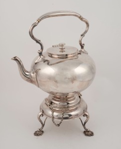 An antique English silver plated spirit kettle, 19th/20th century, 39cm high
