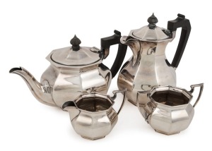 An antique English sterling silver four piece tea set, made in Sheffield, early 20th century, ​​​​​​​the largest 19cm high, 1380 grams total