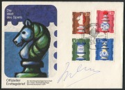 MAX EUWE (1901 - 1981), pen signature on 1972 World Chess Championship First Day Cover from Berlin. Machgielis "Max" Euwe was a Dutch chess player, mathematician, author, and chess administrator. He was the fifth player to become World Chess Champion, a t