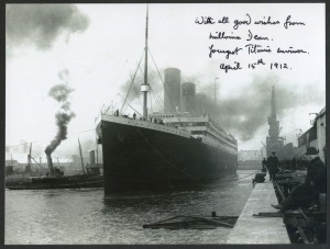 MILLVINA DEAN (1912 - 2009), endorsement and signature on a photograph of the "Titanic". As a two-month old baby, she was the youngest survivor of the sinking of the Titanic; and 97 years later, she was the oldest survivor. 