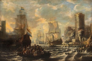 ARTIST UNKNOWN (European, 19th century), (Dutch men of war at harbour), oil on canvas, housed in fine giltwood frame, 82 x 121cm, 112 x 152cm