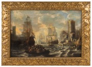 ARTIST UNKNOWN (European, 19th century), (Dutch men of war at harbour), oil on canvas, housed in fine giltwood frame, 82 x 121cm, 112 x 152cm - 2