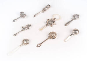 BABY RATTLES: Group of 10 assorted silver & silver plated rattles