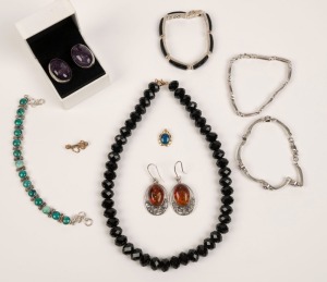 COSTUME JEWELLERY comprising a black glass bead necklace, four assorted bracelets, two pairs of earrings, key brooch, and a pendant, (9 items)