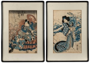 A pair of antique Japanese woodblock prints of samurai, Meiji period, 19th century. Housed in ebonized timber frames with rounded corners, 35 x 23cm, 50 x 35cm each overall