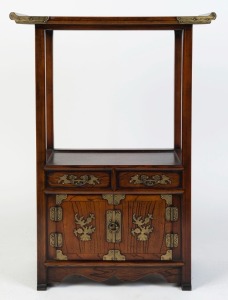 A Korean elm side cabinet with brass bound decoration in the antique style, late 20th century, 92cm high, 66cm wide, 33cm deep