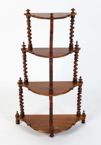 An antique English four tier wotnot with barley twist columns, walnut and mahogany, circa 1875, 99cm high, 62cm wide, 26cm deep