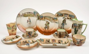 ROYAL DOULTAN "Dickens" series ware porcelain jugs, plates and tea ware, (12 items), black factory mark to base, the larger jug 17cm high