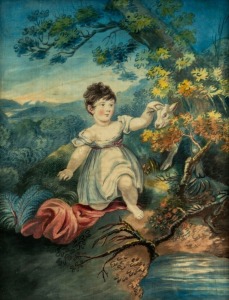 After JOSHUA REYNOLDS, A young girl petting a lamb, watercolours on silk, early 19th Century, 33 x 26cm; framed 38 x 31cm.