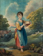 After THOMAS GAINSBOROUGH, A young milkmaid watercolours on silk, early 19th Century, 60 x 47cm, 70 x 56cm overall