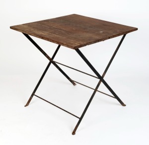 A French folding cafe table, wrought iron and timber, 19th/20th century, 75cm high, 76cm wide, 76cm deep
