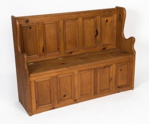 A Baltic pine lift-top hall seat in the Scandinavian style, 20th century, 90cm high, 122cm wide, 38cm deep