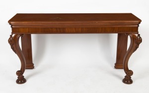 An antique English mahogany servery table with carved cabriole legs, circa 1875, ​​​​​​​89cm high, 169cm wide, 55cm deep