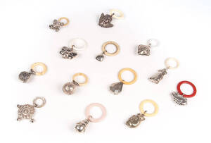 BABY RATTLES: Group of 20 assorted silver & silver plated rattles