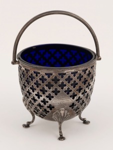 An antique English sterling silver bon bon dish with blue glass liner by James Dixon & Sons, Sheffield, 1899, 15cm high overall, 172 grams