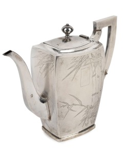HUNGCHONG & Co. Chinese export silver teapot with bamboo motif, early 20th century, stamped "SILVER, H. C.", 19cm high, 24cm wide, 622 grams
