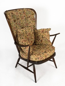ERCOL English timber armchair with floral upholstery, mid 20th century 104cm high, 72cm across the arms