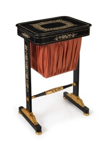 A Regency revival worktable, black lacquer with pen work decoration and gilt highlights, early 20th century, 74cm x 46cm x 35cm 