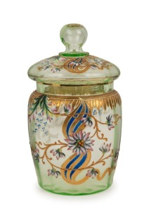 An antique English uranium glass biscuit barrel adorned with floral enamel and gilt decoration, 19th century, 22cm high
