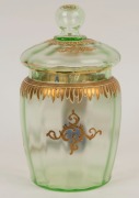 An antique English uranium glass biscuit barrel adorned with floral enamel and gilt decoration, 19th century,&nbsp; ​​​​​​​22cm high&nbsp; - 2