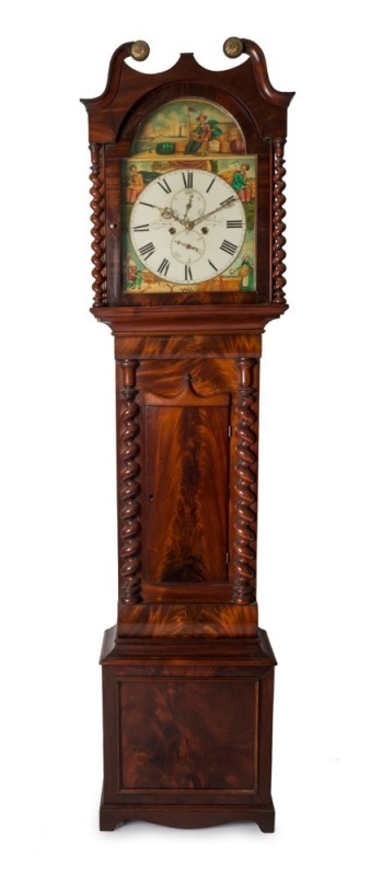 An antique English long case grandfather clock in flame mahogany case with split barley twist decoration, hand-painted dial depicting the four seasons with additional port scene centre top with steamship. Twin train time and strike weight driven movement,