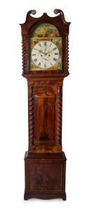 An antique English long case grandfather clock in flame mahogany case with split barley twist decoration, hand-painted dial depicting the four seasons with additional port scene centre top with steamship. Twin train time and strike weight driven movement, made by JOHN SMITH of BATHGATE, mid 19th century, 215cm high
