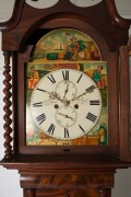 An antique English long case grandfather clock in flame mahogany case with split barley twist decoration, hand-painted dial depicting the four seasons with additional port scene centre top with steamship. Twin train time and strike weight driven movement, - 3