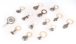 BABY RATTLES: Group of 20 assorted antique & vintage silver & silver plated rattles.